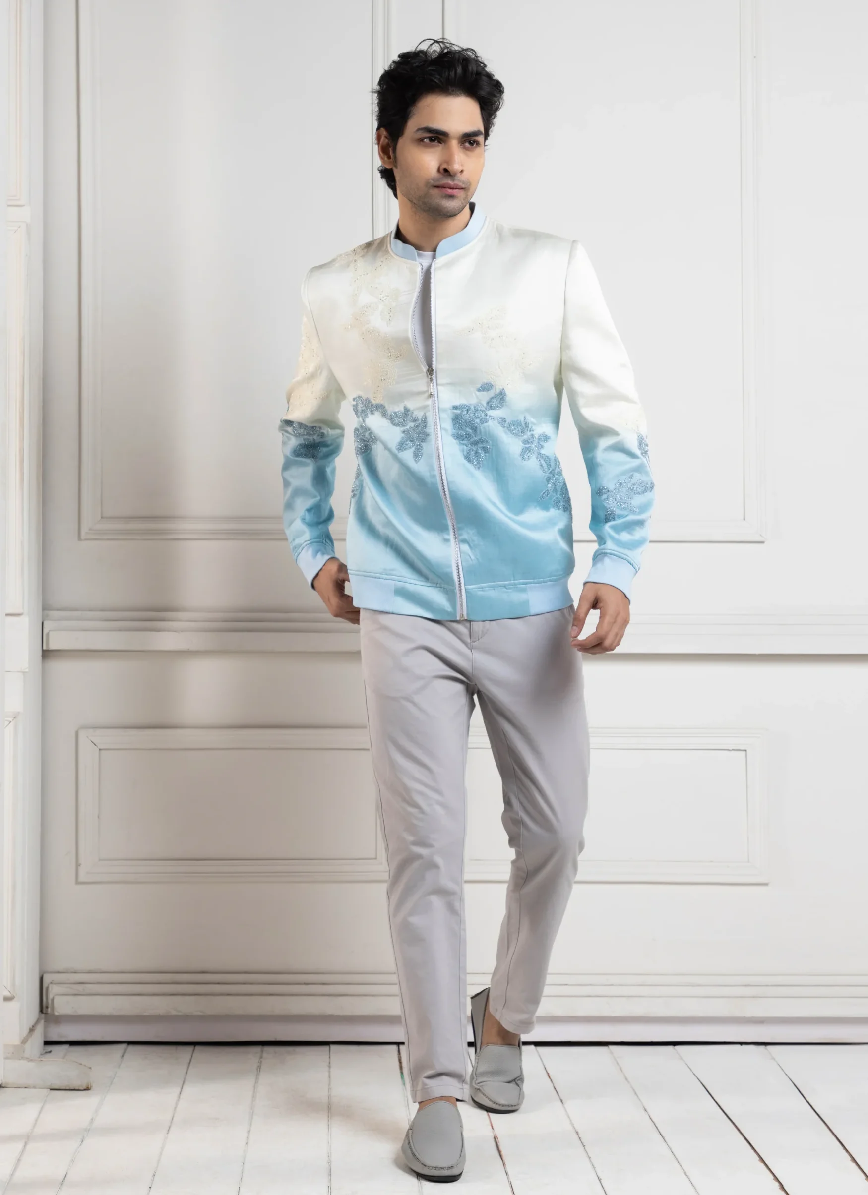 Azure Bliss Ombre Bomber Jacket from Golden Muslin By Anuj Agarwal