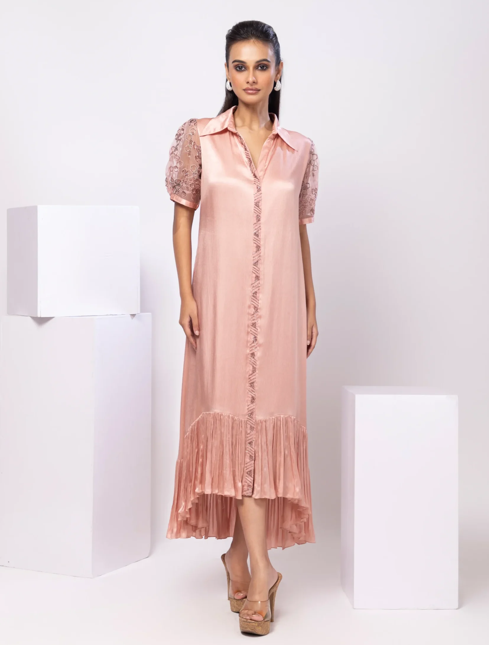 Blush Satin Shirt Dress with Embroidered Puff Sleeves from Golden Muslin By Anuj Agarwal