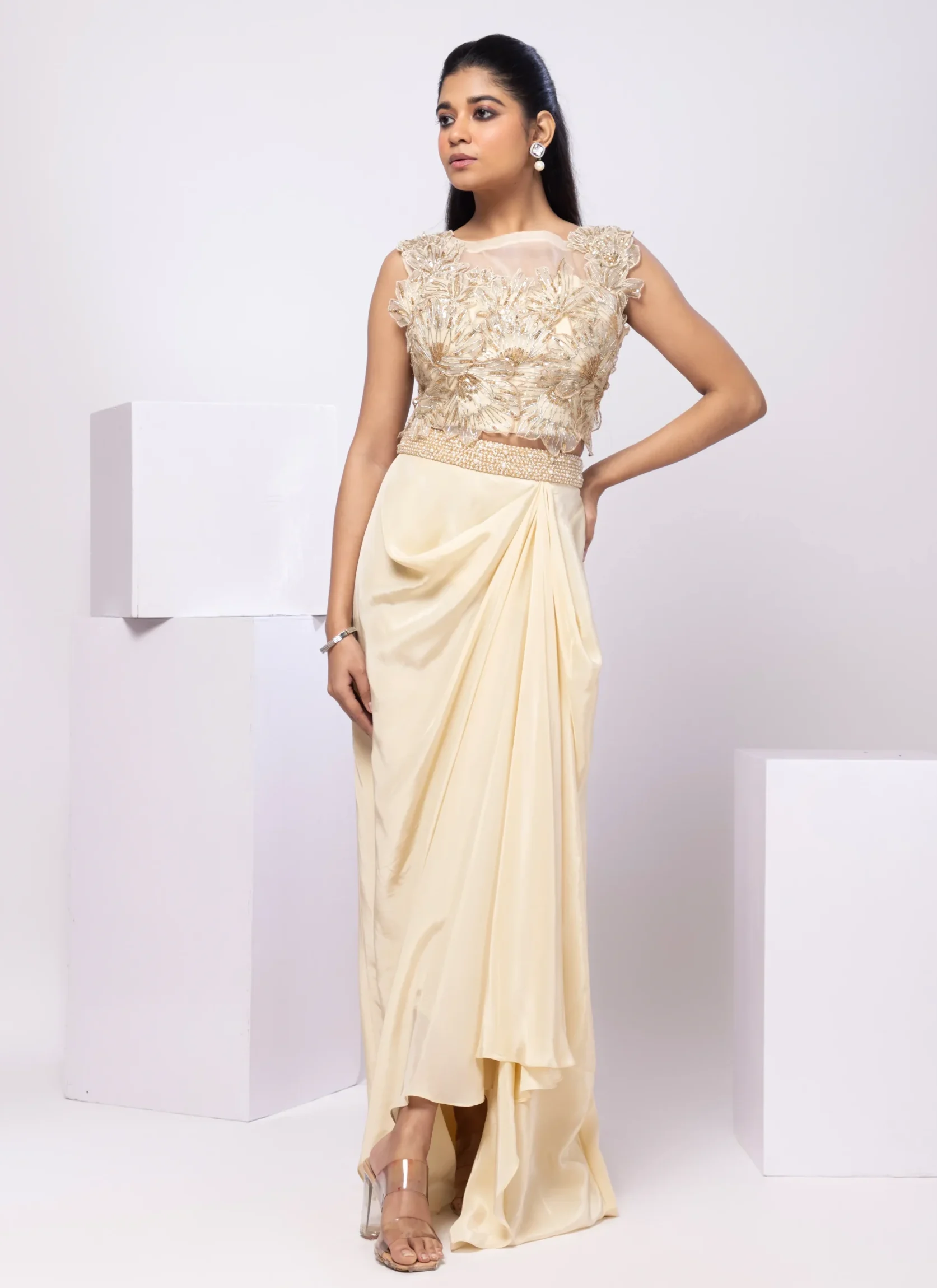 Champagne Gold Shimmer Drape Skirt Set with 3D Floral Embroidery from Golden Muslin By Anuj Agarwal