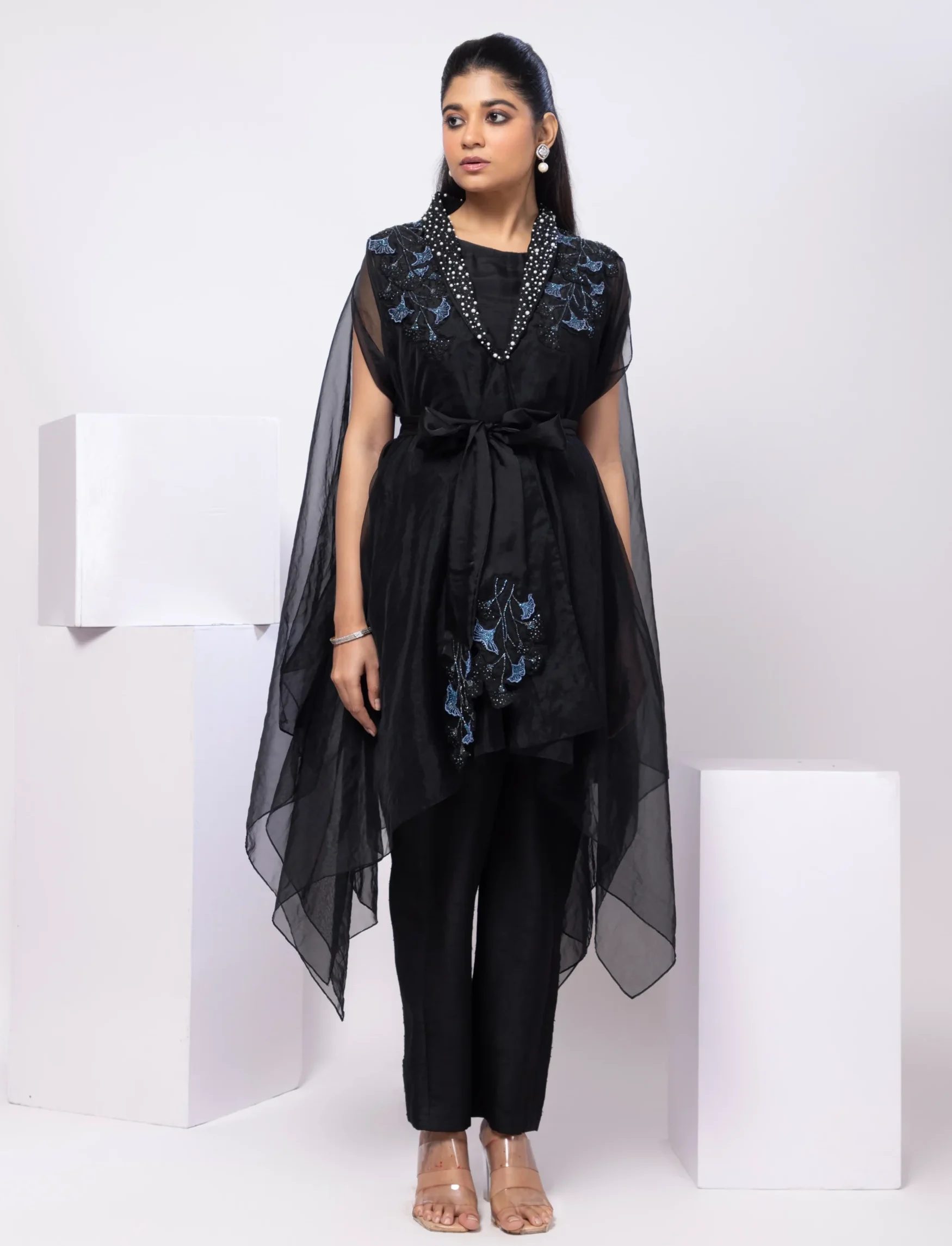 Floral Applique Four Piece Kurta Set with Cape from Golden Muslin By Anuj Agarwal