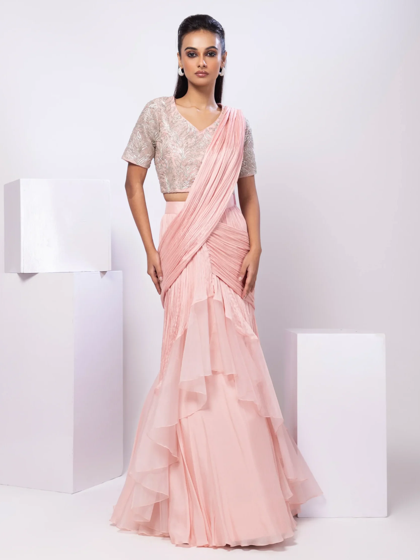 Pink Lehenga Saree Set with Silver Embroidered Blouse from Golden Muslin By Anuj Agarwal