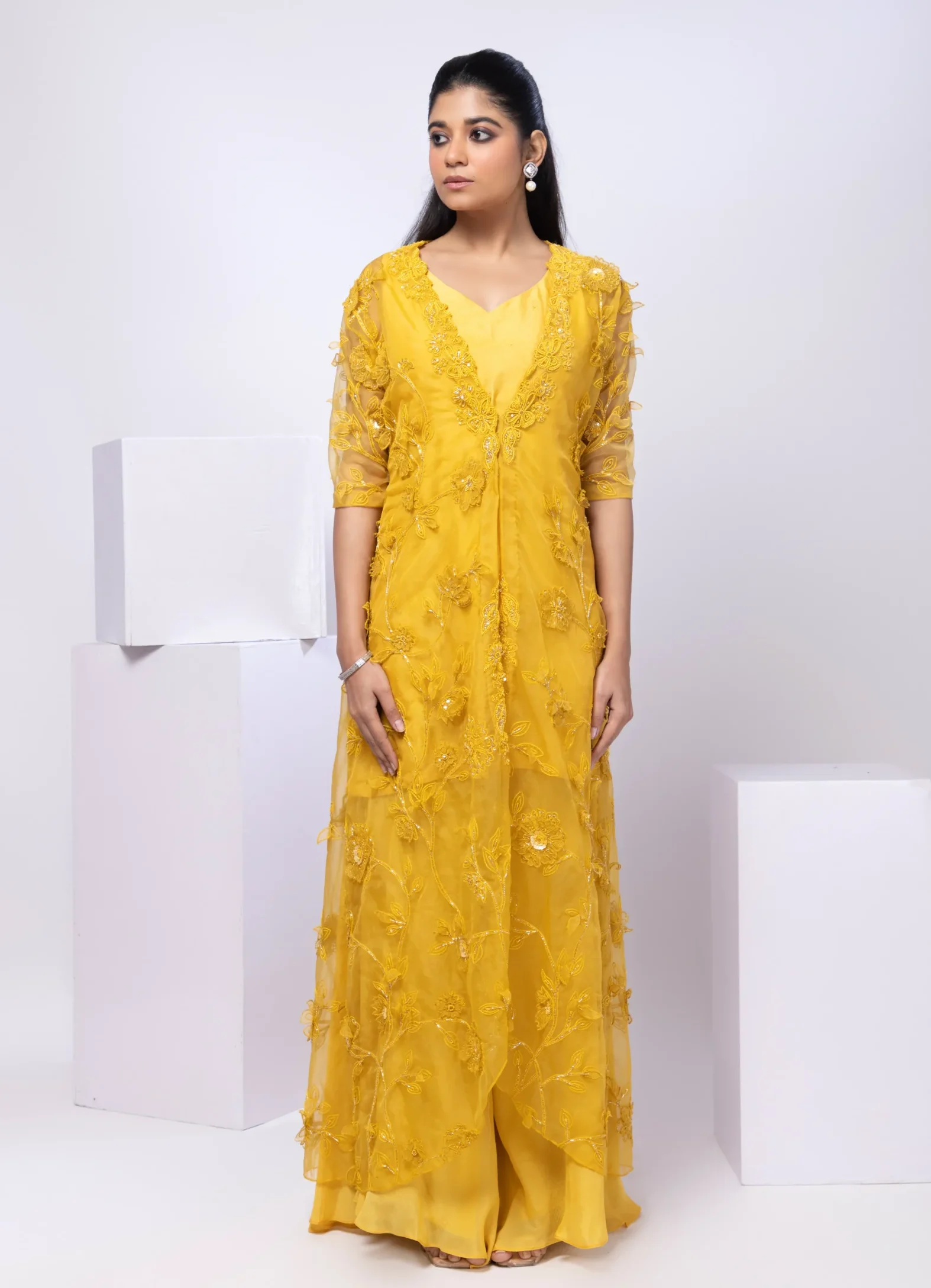 Mustard Yellow Pearl Embellished Drape Skirt Set with Jacket from Golden Muslin By Anuj Agarwal