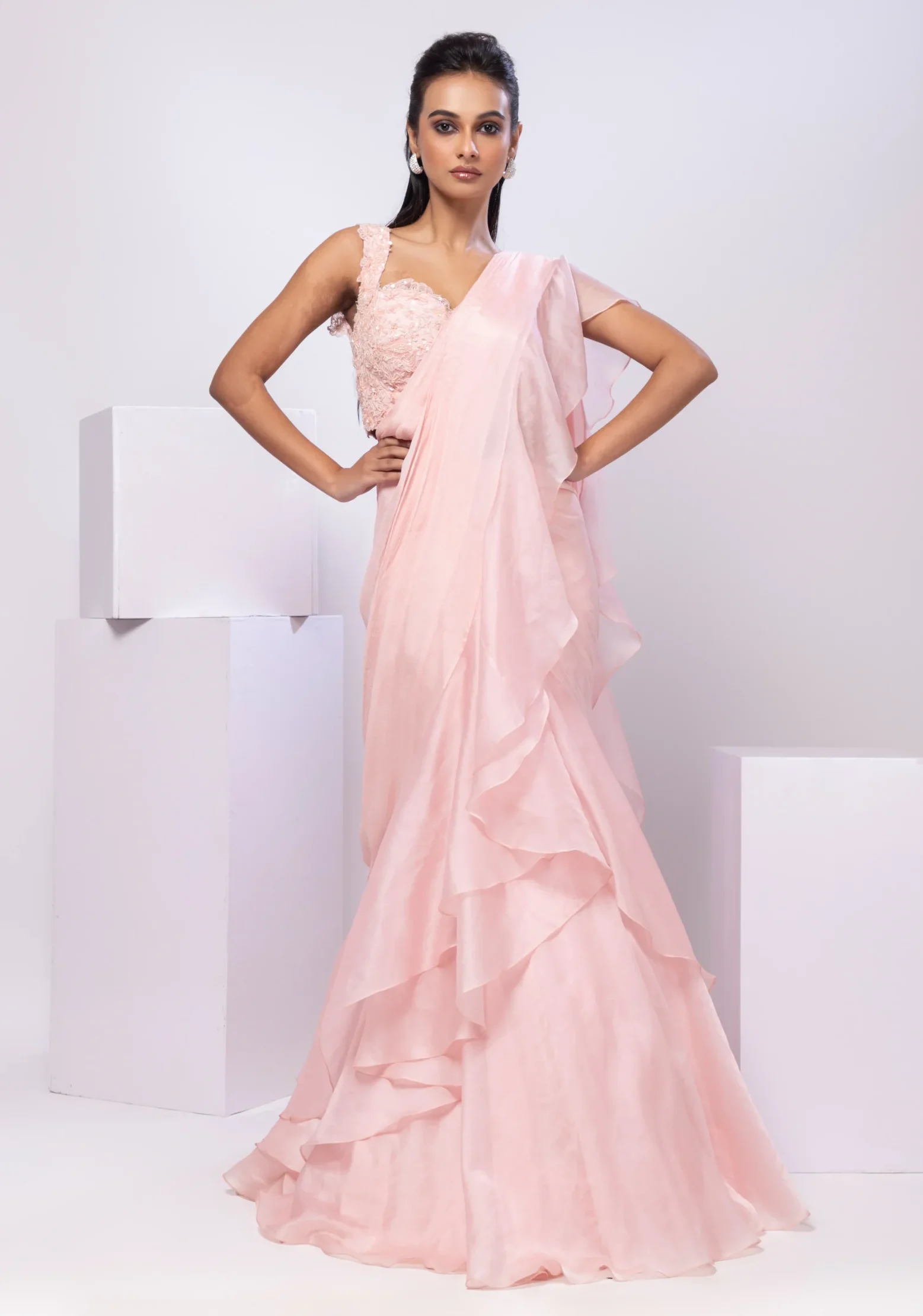 Baby Pink Drape Saree Set with Ruffle Skirt from Golden Muslin By Anuj Agarwal