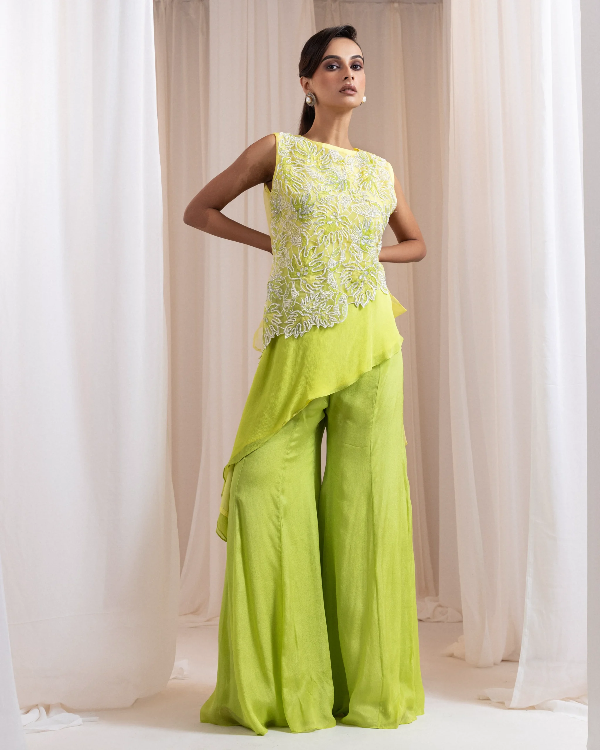 Golden Muslin Lime Yellow Ombre Organza Jacket Pant Set with embroidered leafy motifs and flared pants