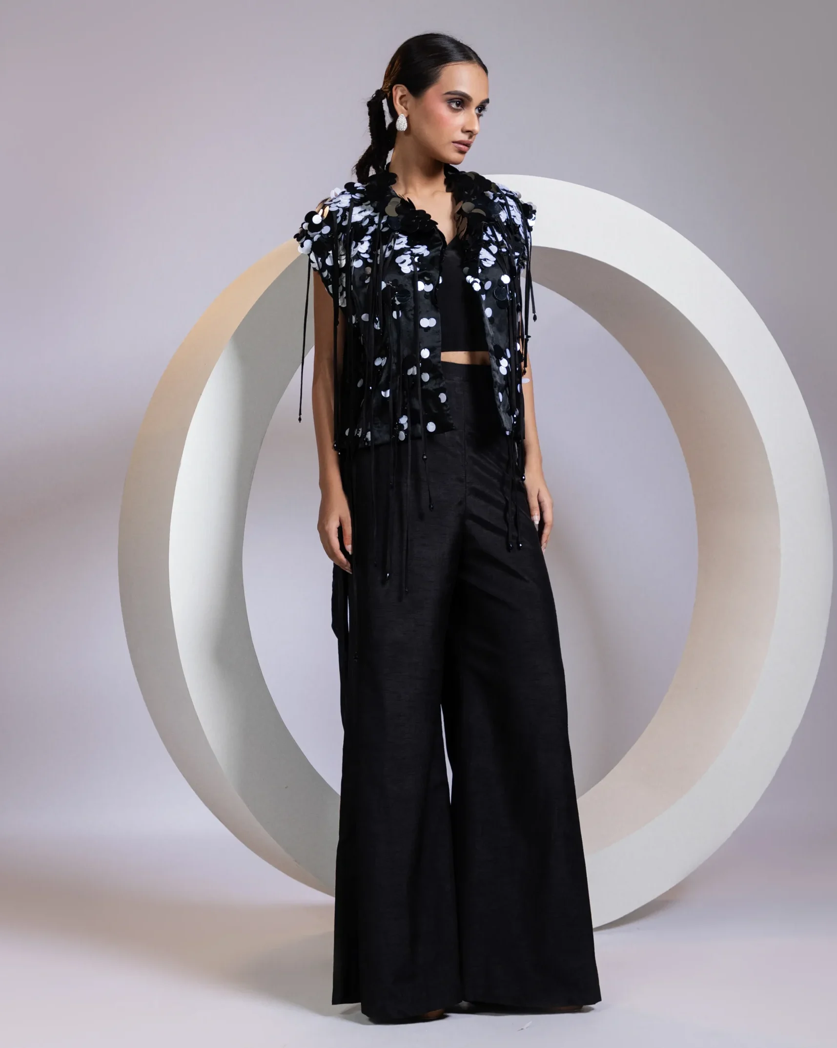 Golden Muslin Monochrome Opulence Crystal Fringe Jacket Pant Set with sequin and crystal embellishments