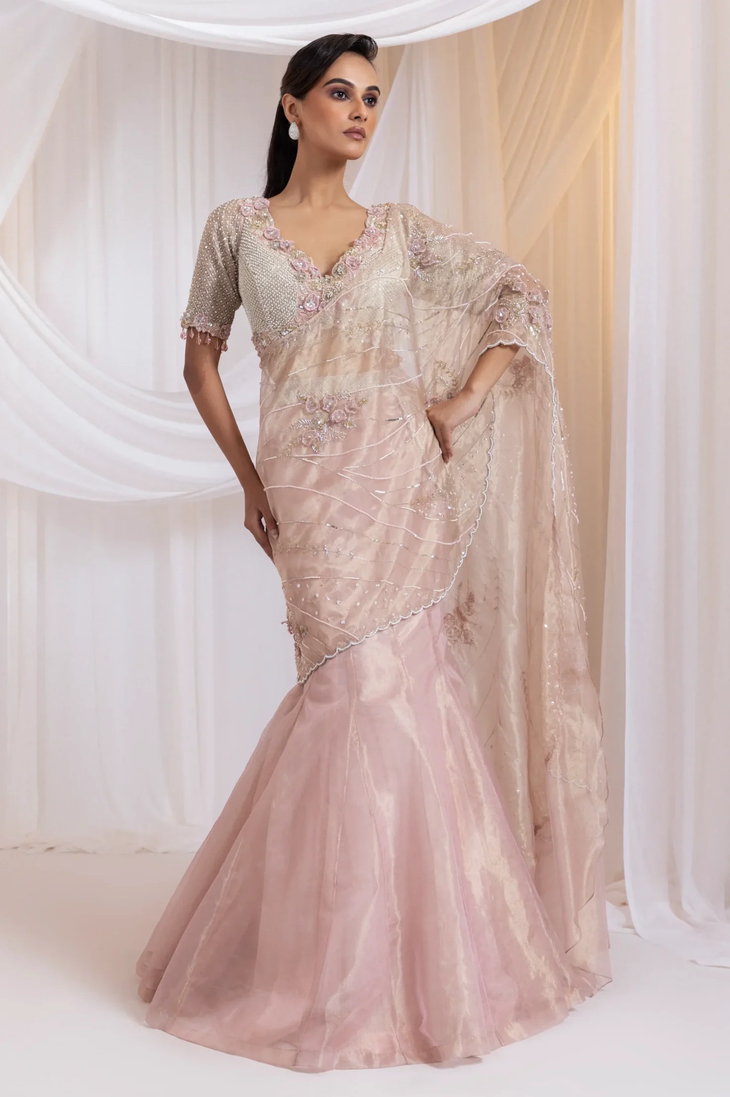 Golden Muslin Soft Pink Radiance Tissue Mermaid Lehenga Saree Set with pearl embroidery and 3D floral detailing