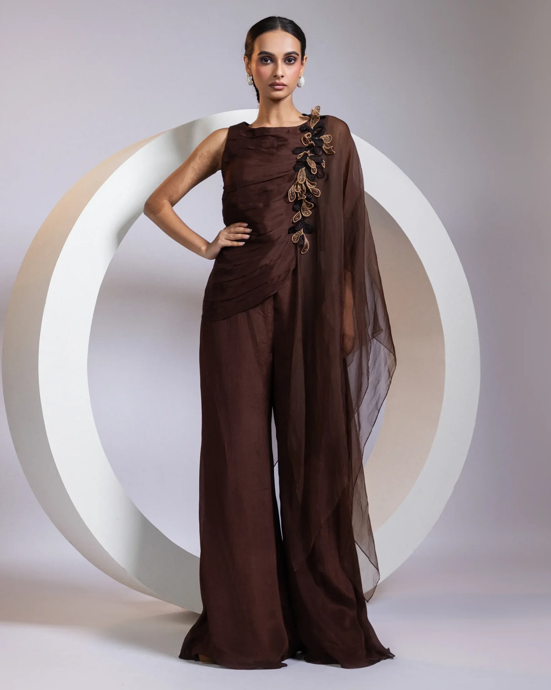 Pleated Draped Top with Floral Appliqué and Palazzo Set from Golden Muslin By Anuj Agarwal