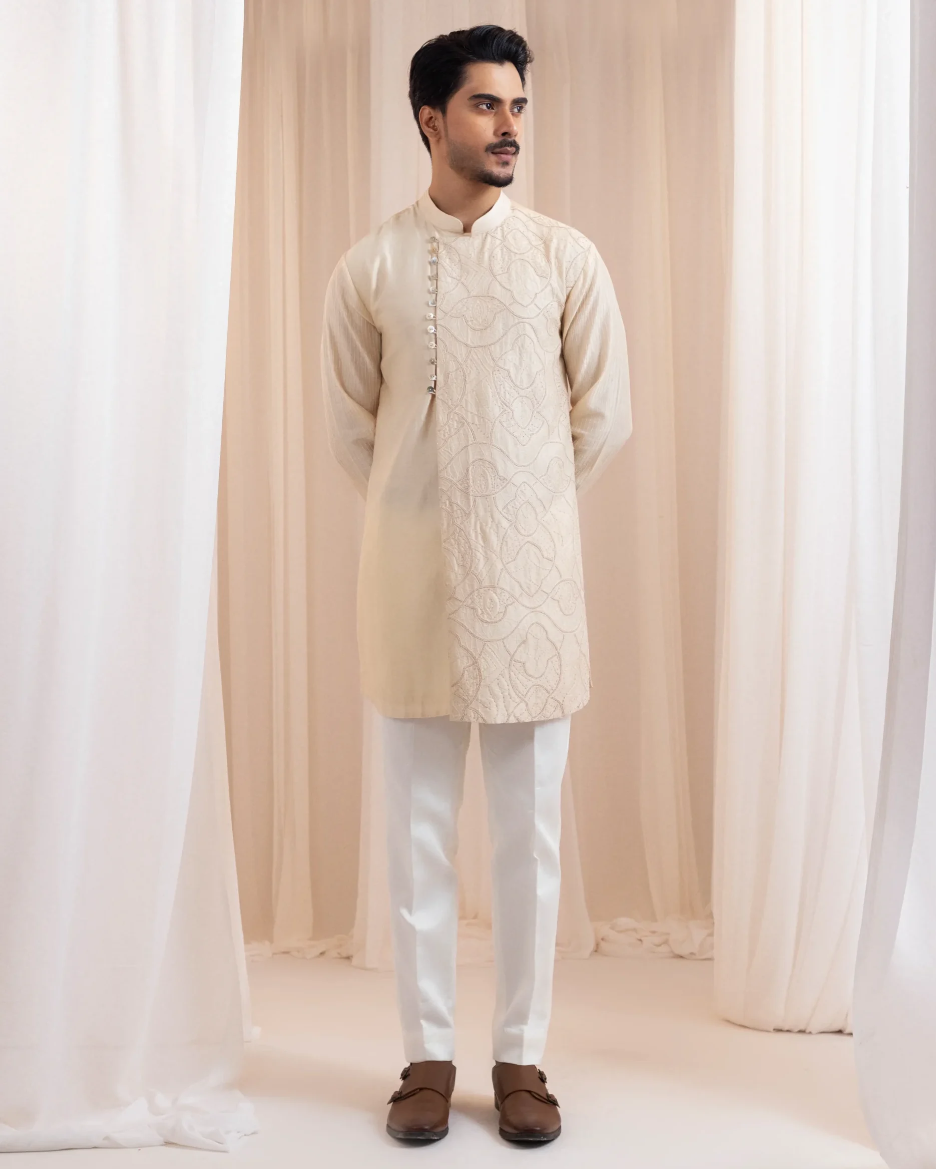 Beige Two Piece Overlap Kurta Set with tone-on-tone thread and bead embroidery from Golden Muslin By Anuj Agarwal