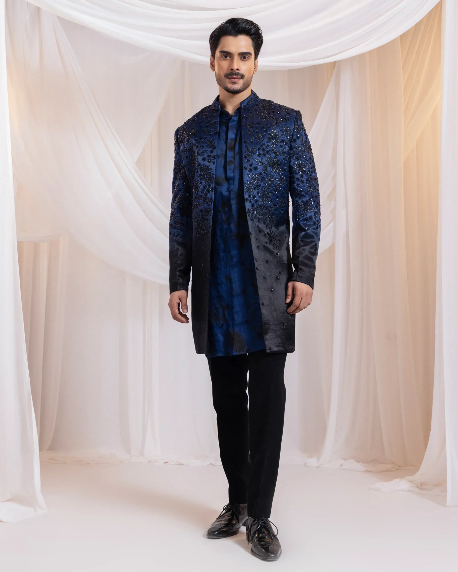 Navy Ombre Bandhgala with Tie Dye Embroidered Kurta from Golden Muslin By Anuj Agarwal