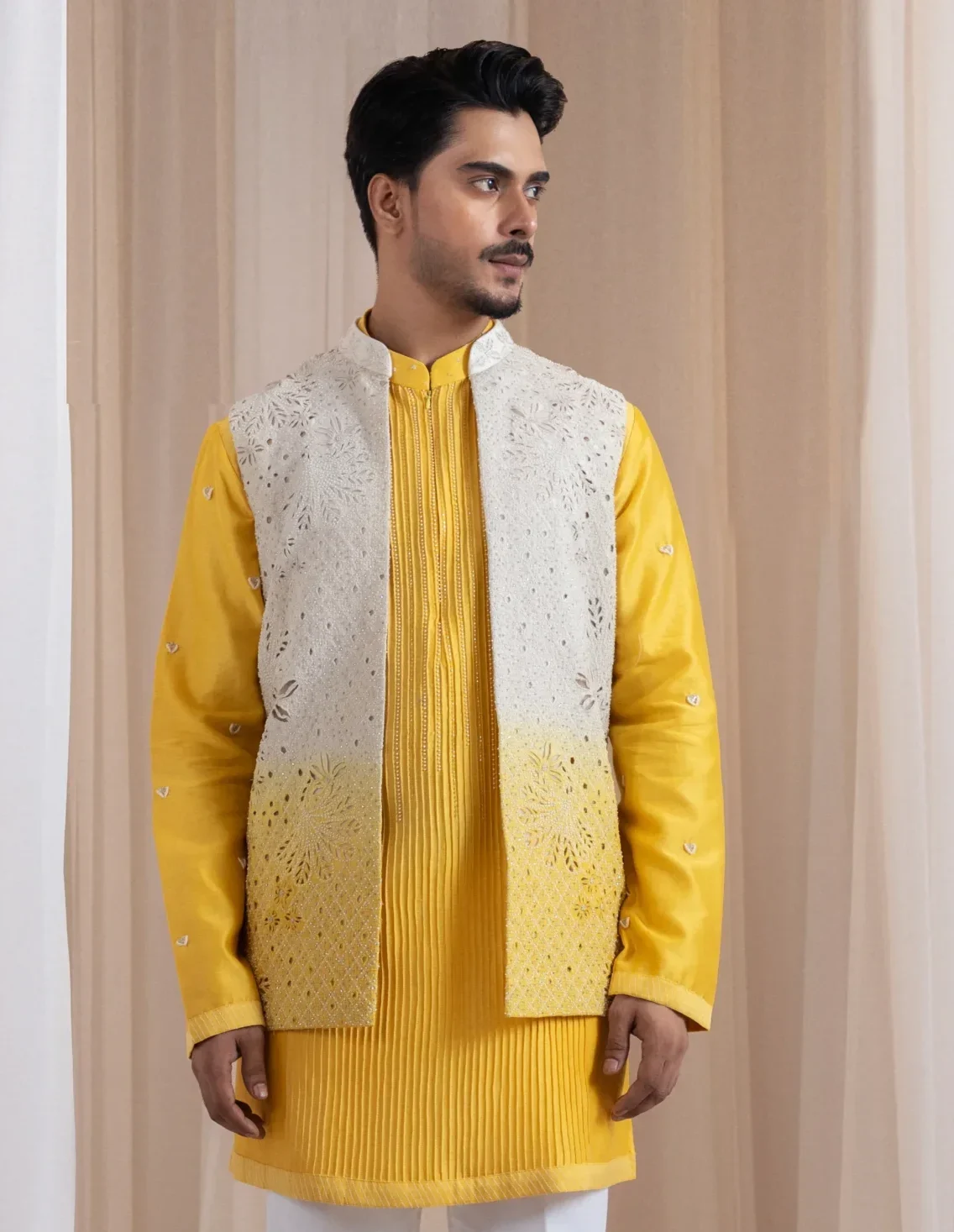 Ivory to Yellow Ombre Chanderi Nehru Jacket with Embroidery from Golden Muslin By Anuj Agarwal