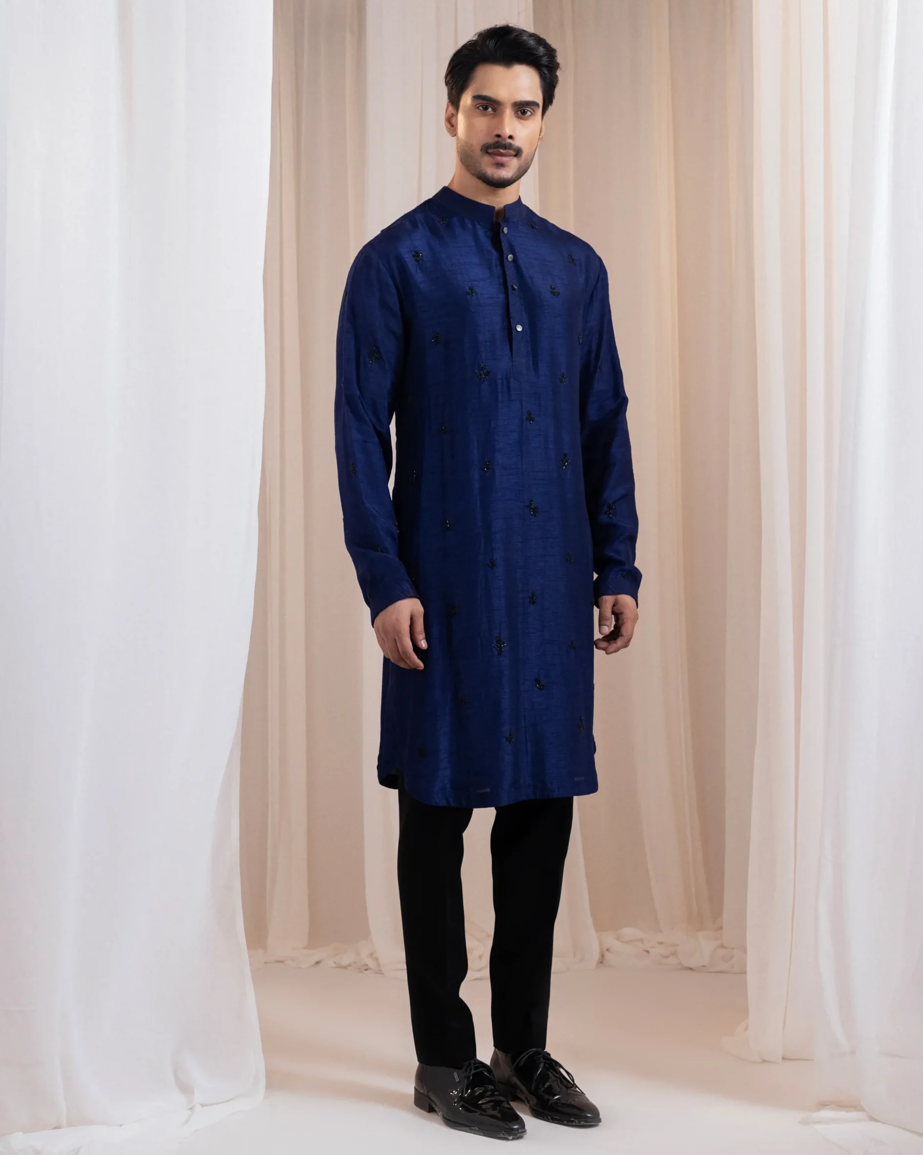 Deep Navy Blue Kurta with Scattered Floral Embroidery from Golden Muslin By Anuj Agarwal