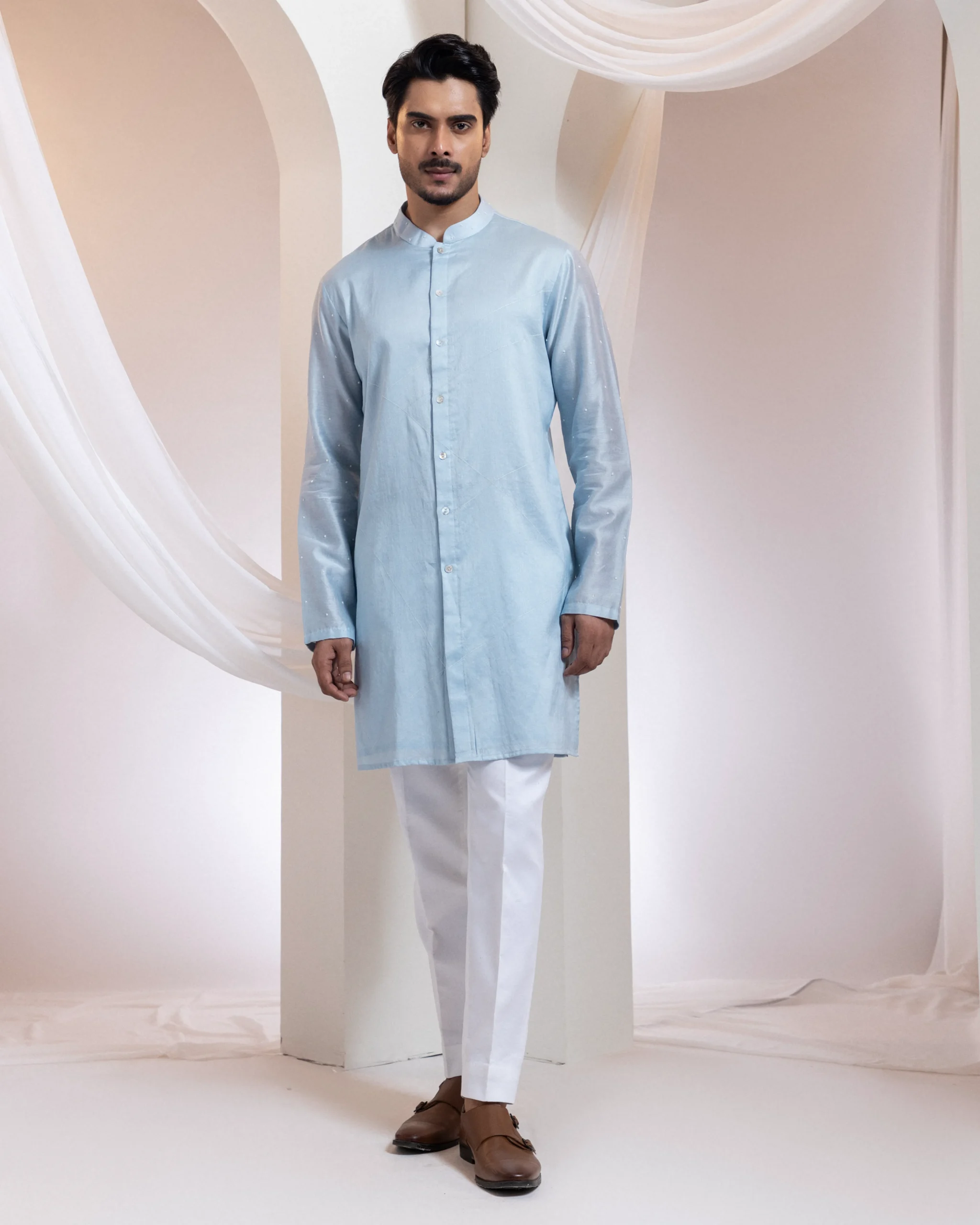 Kurta set with white geometric embroidery and bead accents from Golden Muslin By Anuj Agarwal