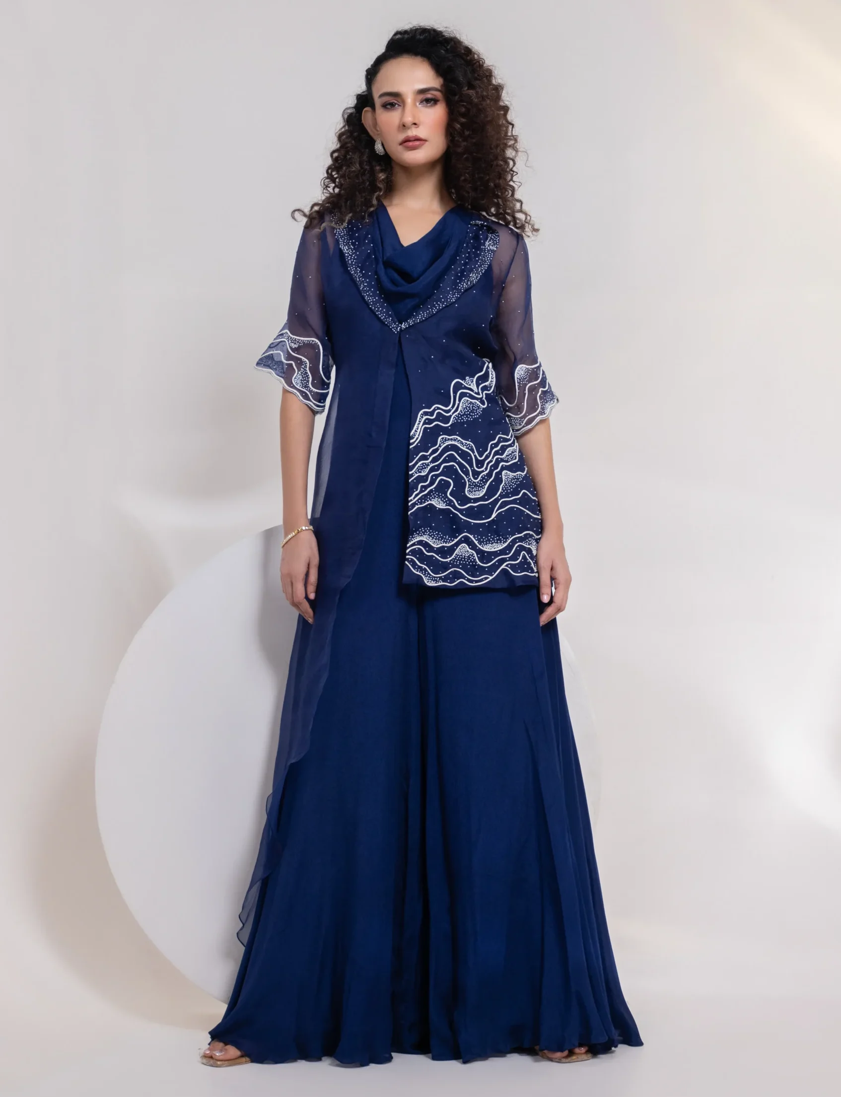 Royal Blue Jumpsuit with Cowl Neckline and Sheer Embellished Overlay from Golden Muslin By Anuj Agarwal
