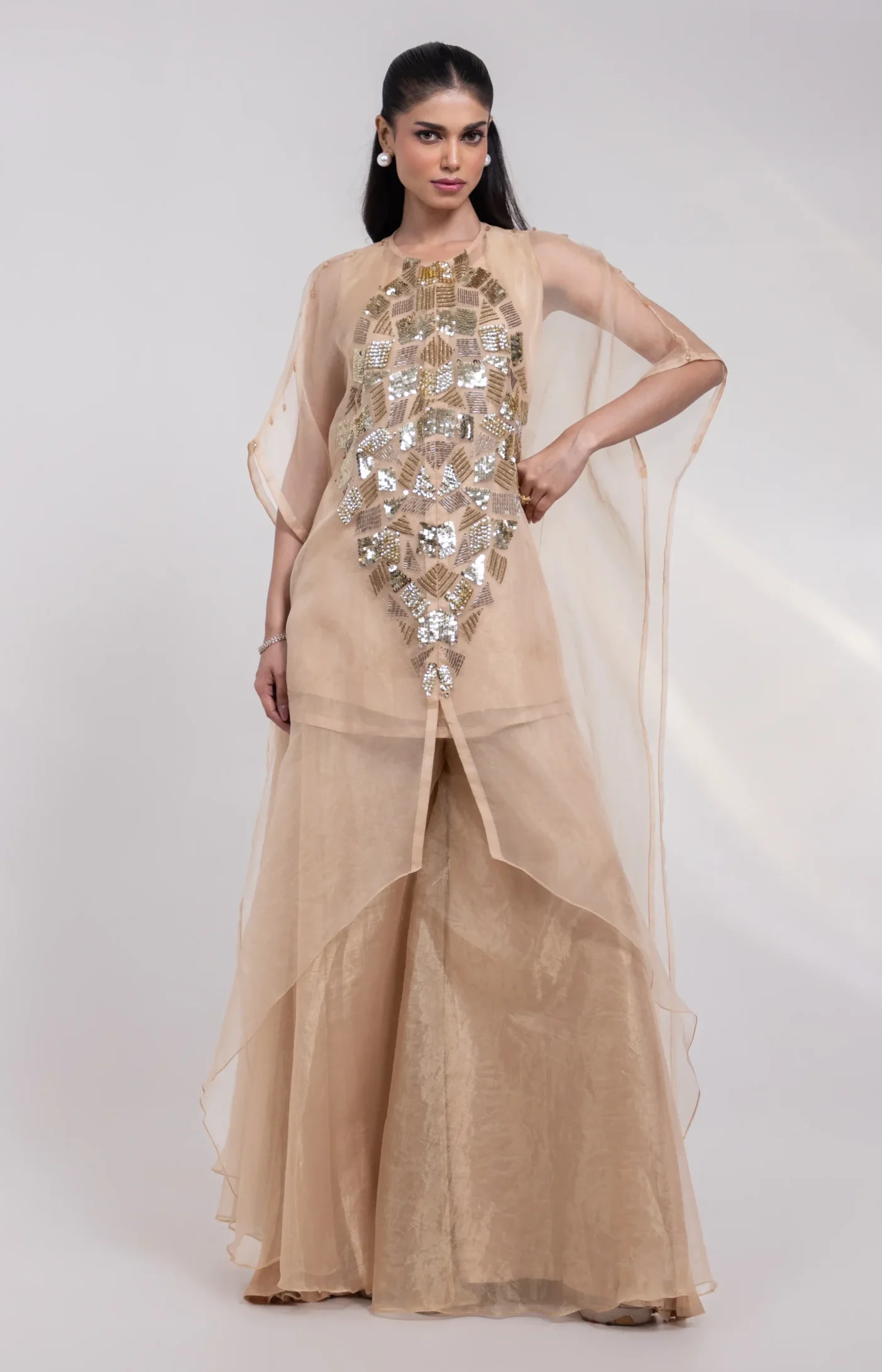 Champagne Gold Organza Kaftan with Geometric Embroidery and Palazzos from Golden Muslin By Anuj Agarwal