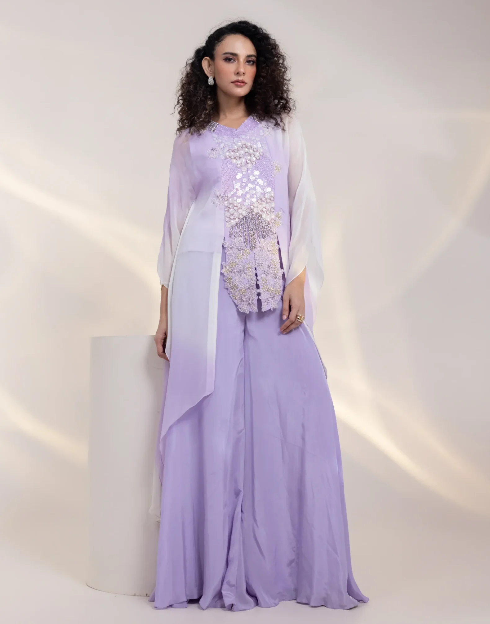 Lavender Ombre Sheer Tunic with Silver Floral Embroidery and Wide Leg Pants from Golden Muslin By Anuj Agarwal