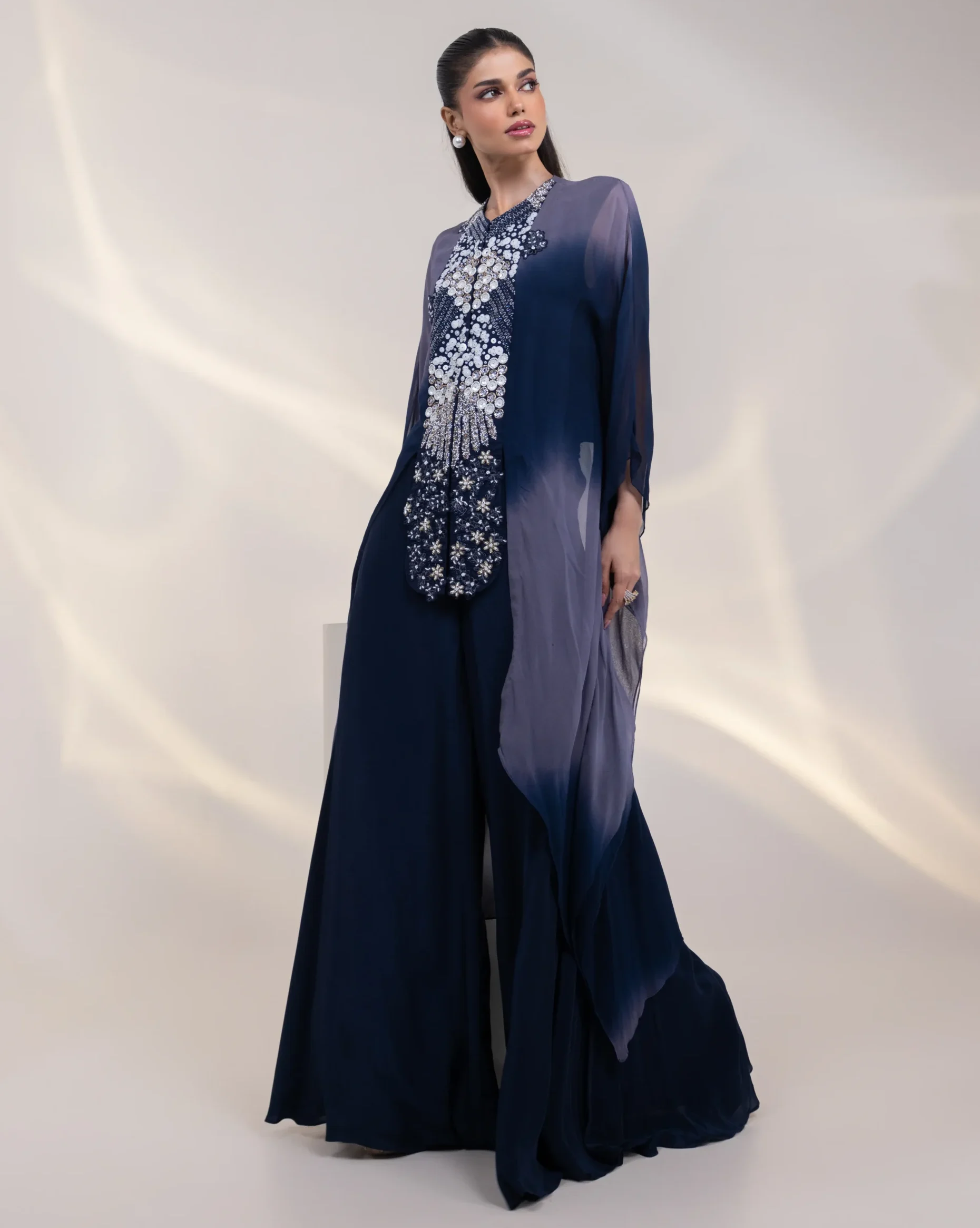 Navy Blue Beaded Jumpsuit with Ultra-Wide-Leg Silhouette and Silk Organza Cape from Golden Muslin By Anuj Agarwal