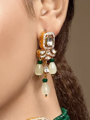 Gold & Mint Micron Plated Kundan Polki Dangler Earrings with Agate & Onyx