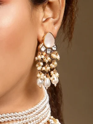 Cream & Gold Micron Plated Kundan Polki Dangler Earrings with Shell & Mother of Pearl