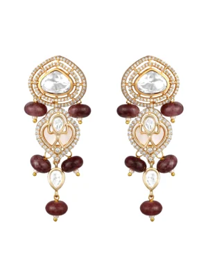 Gold pink jasper mother of pearl Kundan Polki dangler earrings from Golden Muslin By Hrisha