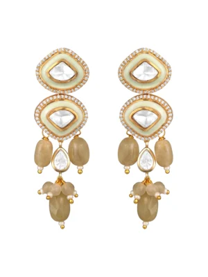 Vibrant green mint and gold dangler earrings with agate enamel Kundan Polki and CZ from Golden Muslin By Hrisha