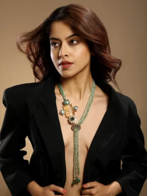 Gold Polish Moissanite Kundan Polki Necklace with Agate, Emerald & Onyx Accents