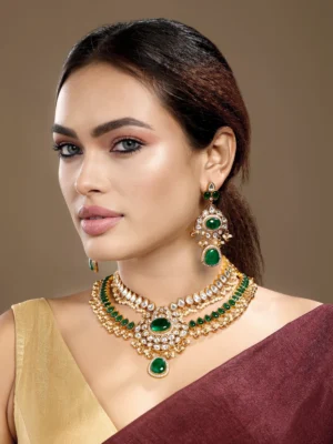 Handcrafted pearl emerald Kundan Polki CZ necklace from Golden Muslin By Hrisha