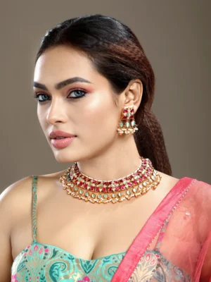 Haldi Special Micron Gold Plated Moissanite Kundan Polki Necklace Set