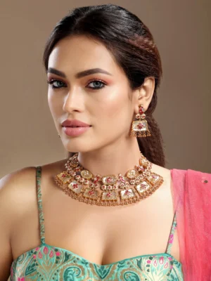 Pink cream ruby mother of pearl Kundan Polki choker necklace set with earrings from Golden Muslin By Hrisha