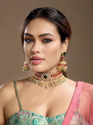 Green mint cream ruby emerald Kundan Polki choker necklace set with earrings from Golden Muslin By Hrisha