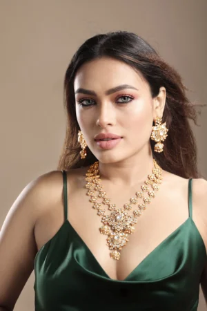 Gold cream pearl Kundan Polki CZ long necklace set with earrings from Golden Muslin By Hrisha