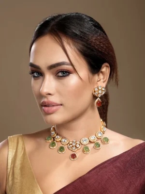 Gold & Mint Micron Plated Kundan Polki Necklace Set with CZ, Ruby & Onyx Accents