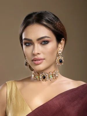 Two-Tone Victorian Micron Plated Kundan Polki Choker Set with CZ & Onyx