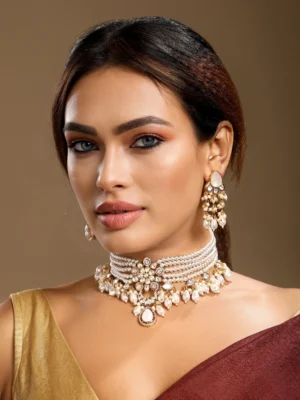 Gold cream shell pearl mother of pearl Kundan Polki choker necklace set from Golden Muslin By Hrisha