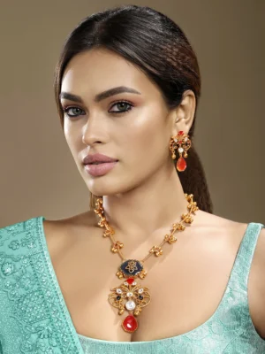 Gold Micron Plated Kundan Polki Long Necklace Set with Ruby & Topaz Accents
