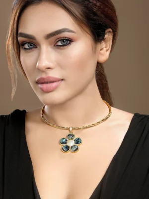 Multicolor mother of pearl CZ gold choker necklace from Golden Muslin By Hrisha