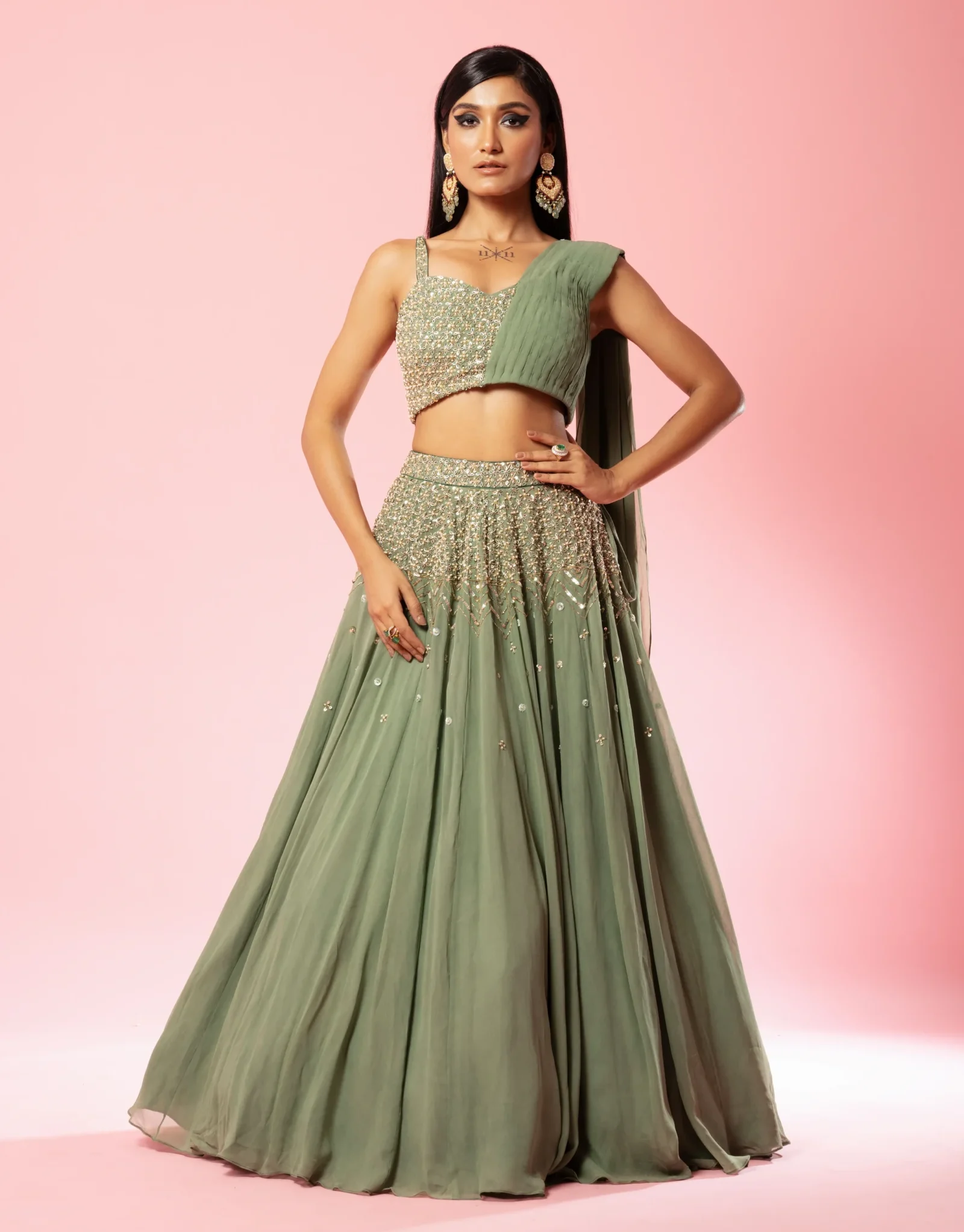 Sage Green Georgette Drape Lehenga with Hand Embroidery from Golden Muslin By Quench A Thirst