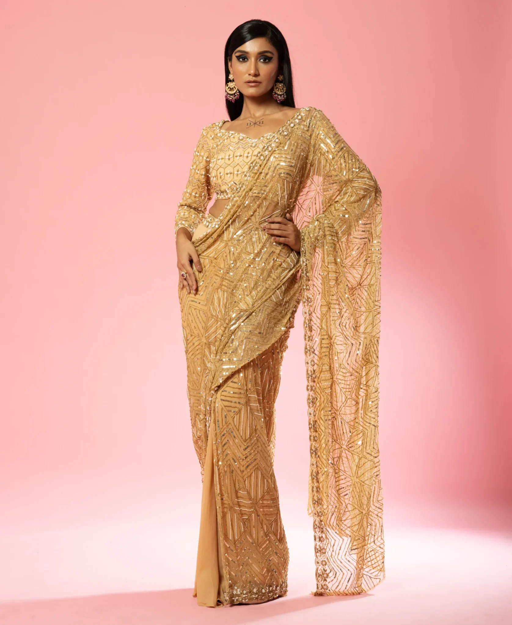 Golden Pre-Stitched Saree with pearl and sequin hand embroidery from Golden Muslin By Quench A Thirst