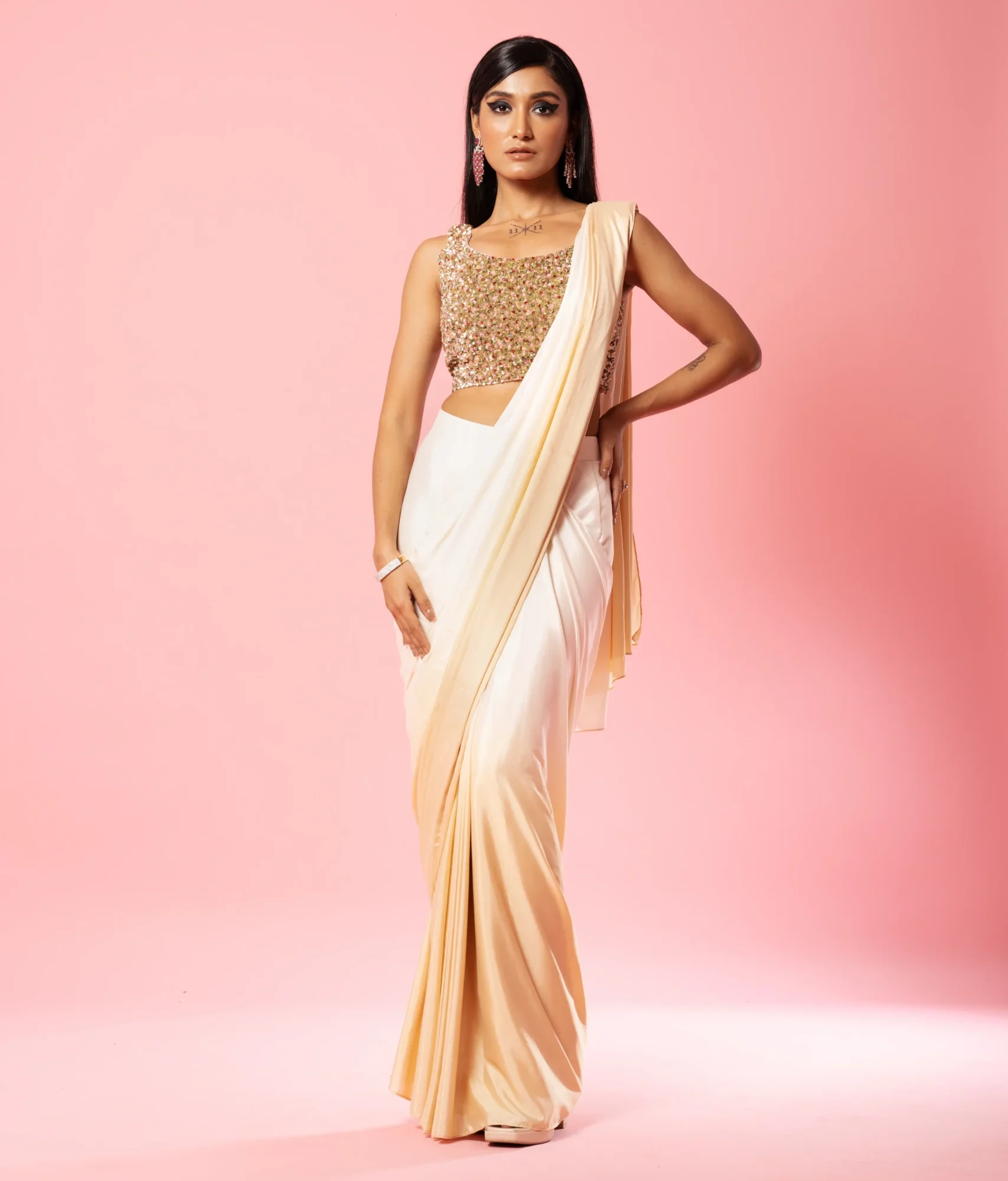 Ivory and Golden Ombre Pre-Stitched Crepe Saree with Multi-Coloured Sequin Blouse from Golden Muslin By Quench A Thirst