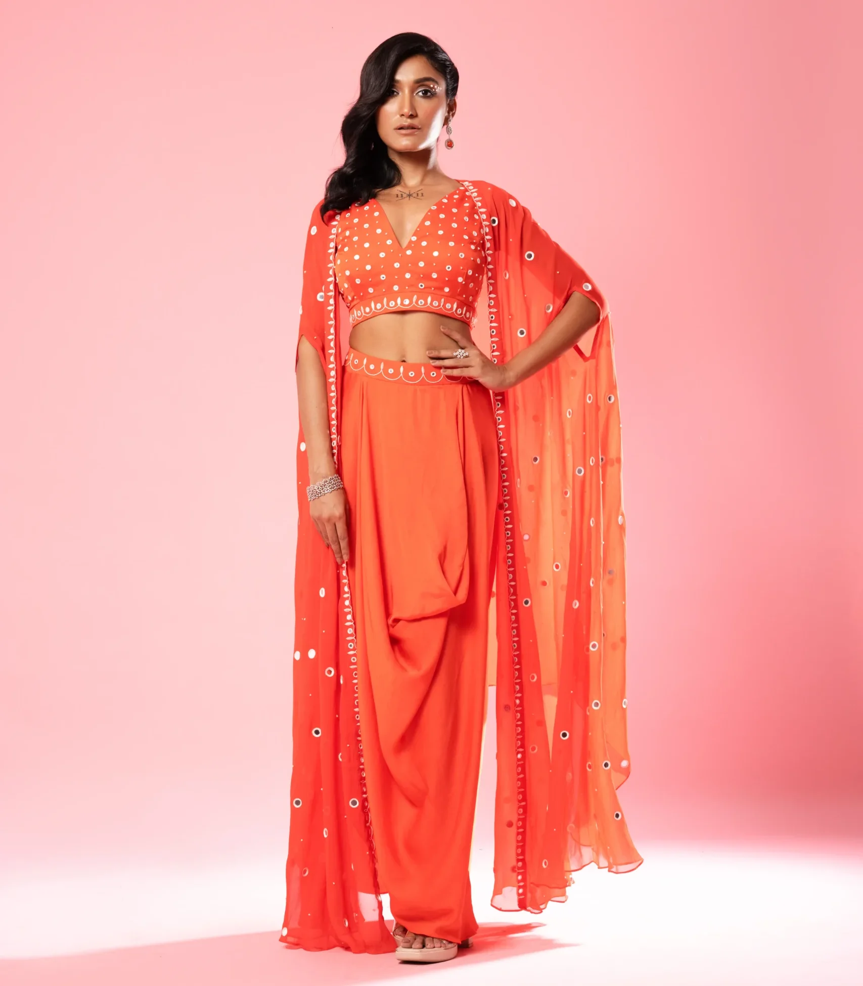 Tangerine Orange Modal Satin Co-ord Set with mirror work georgette cape from Golden Muslin By Quench A Thirst
