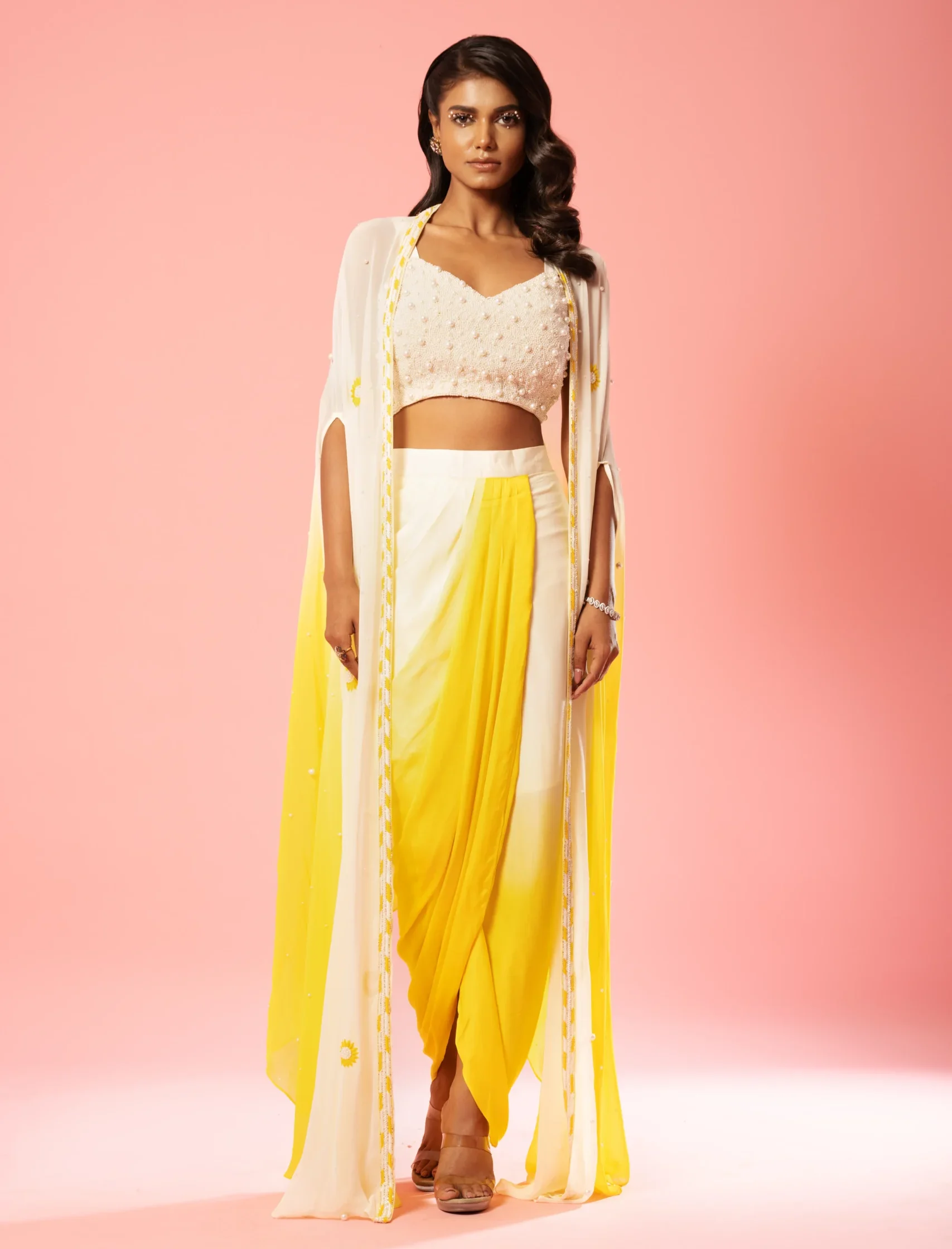 Ivory and Sunshine Yellow Ombre Co-ord Set with embroidered jacket and dhoti skirt from Golden Muslin By Quench A Thirst