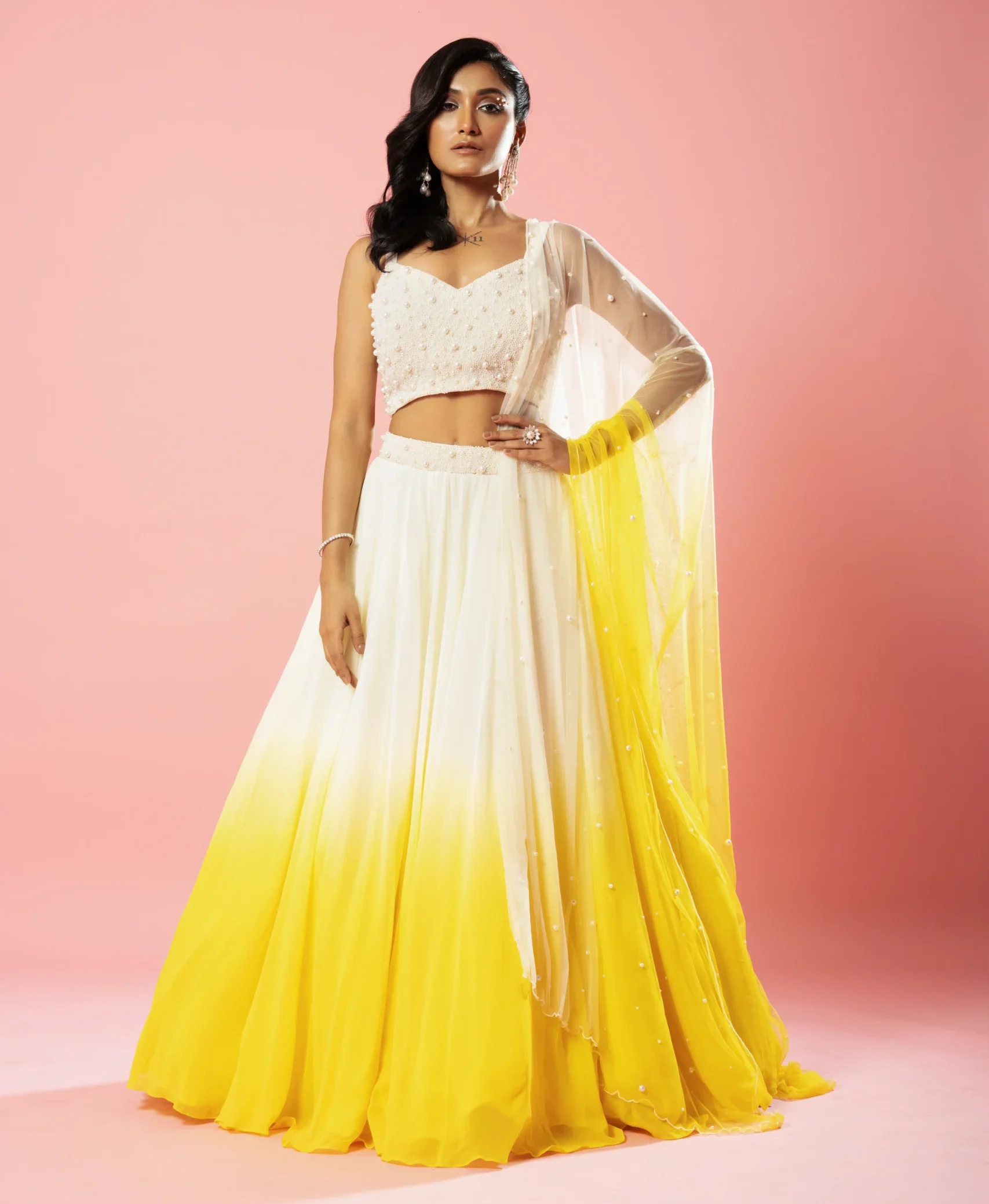 Ivory and Sunshine Yellow Ombre Georgette Lehenga Set with Pearl Work from Golden Muslin By Quench A Thirst