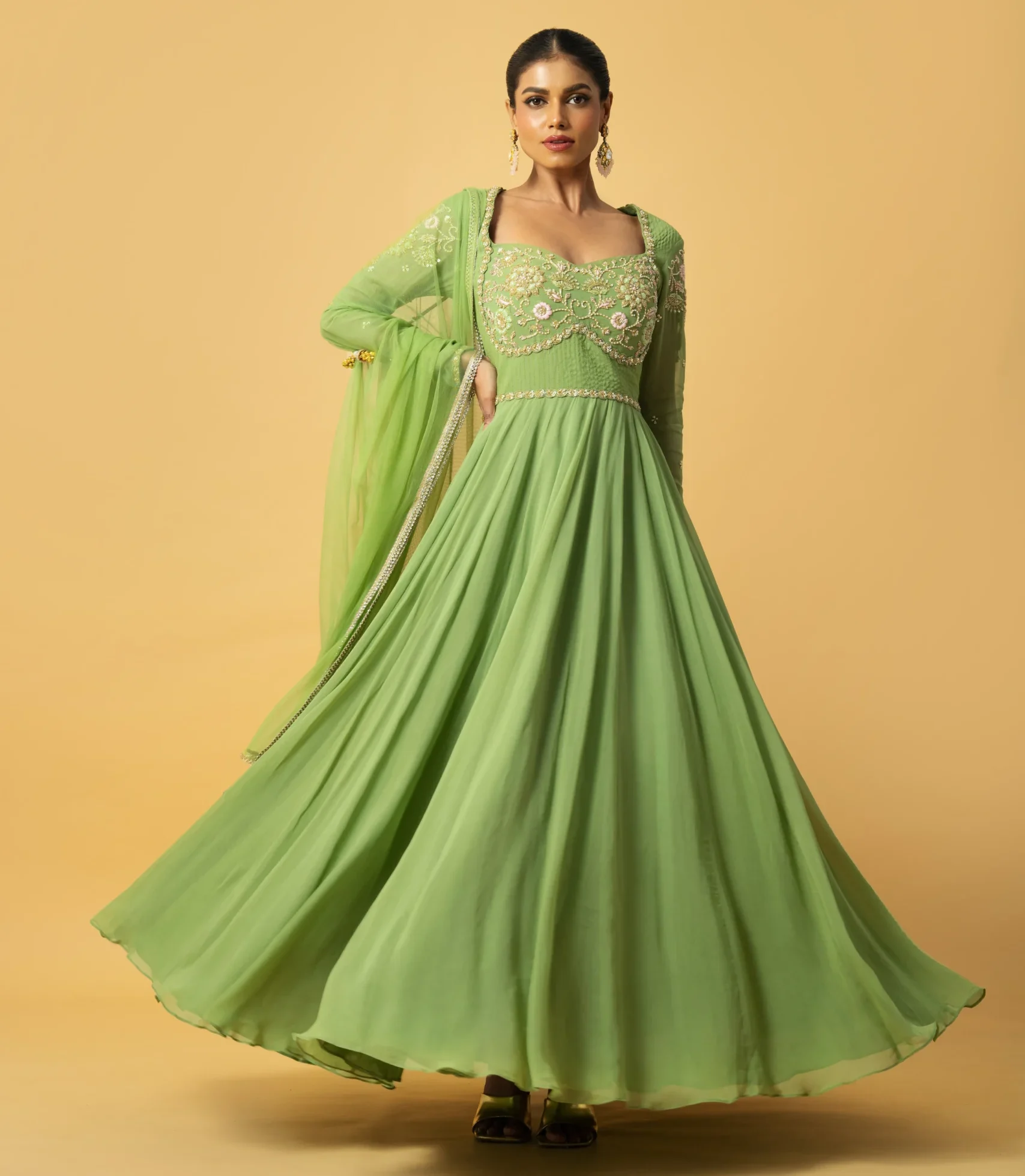 Mint Green Georgette Anarkali with hand embroidery and lace detailed net dupatta from Golden Muslin By Quench A Thirst