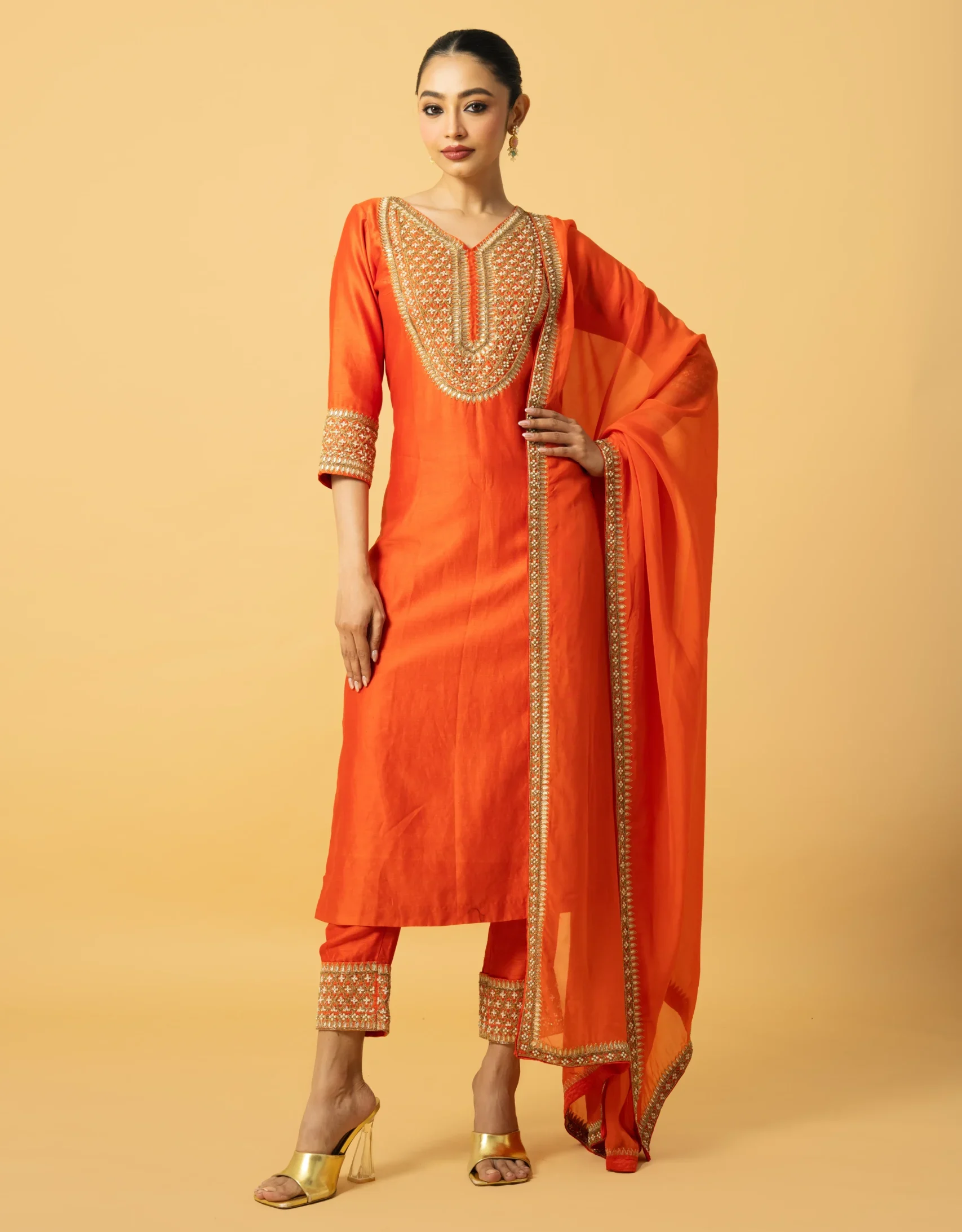 Orange Chanderi Silk Kurta Salwar Set with embroidered organza dupatta from Golden Muslin By Quench A Thirst