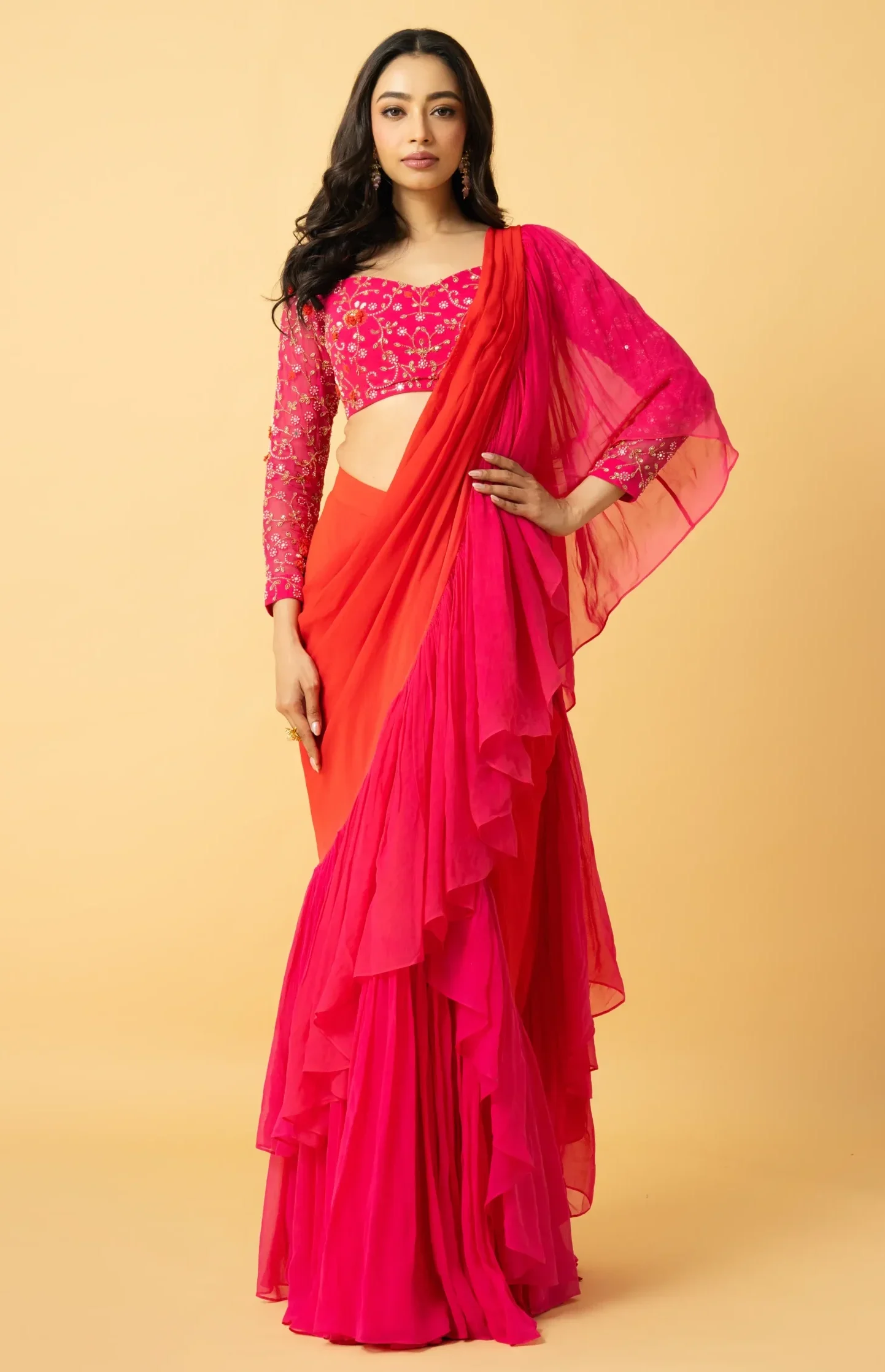 Pink & Orange Georgette Pre-Stitched Ruffle Saree with hand-embroidered full-sleeve blouse from Golden Muslin By Quench A Thirst