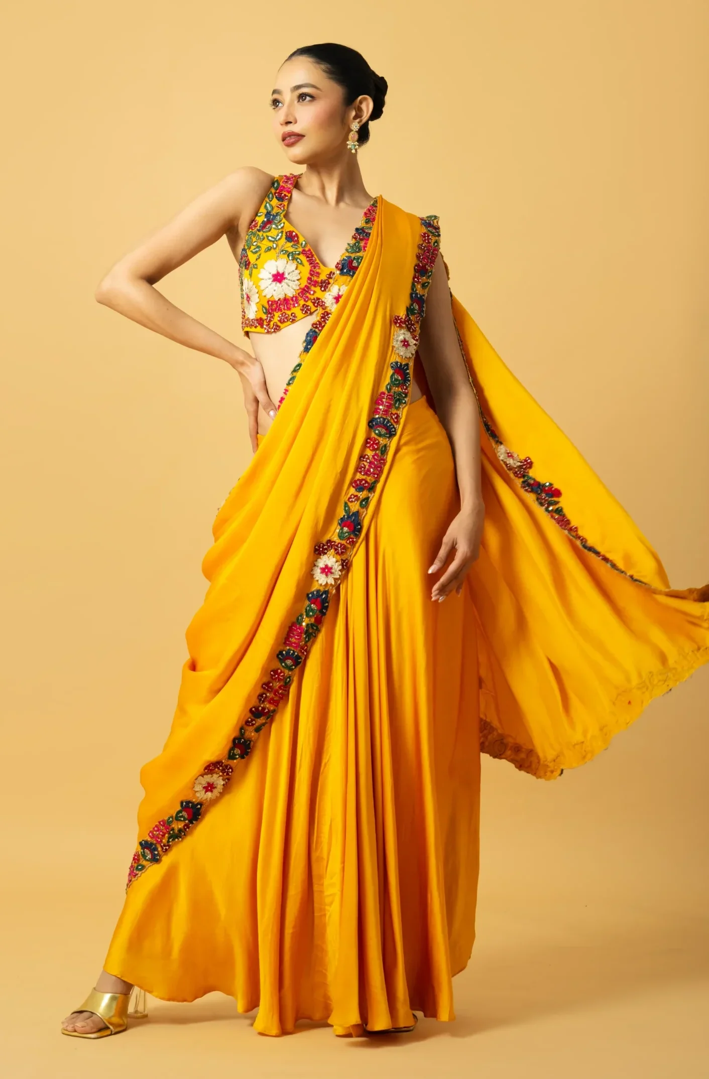 Golden Yellow Modal Satin Saree with 3D embroidery from Golden Muslin By Quench A Thirst