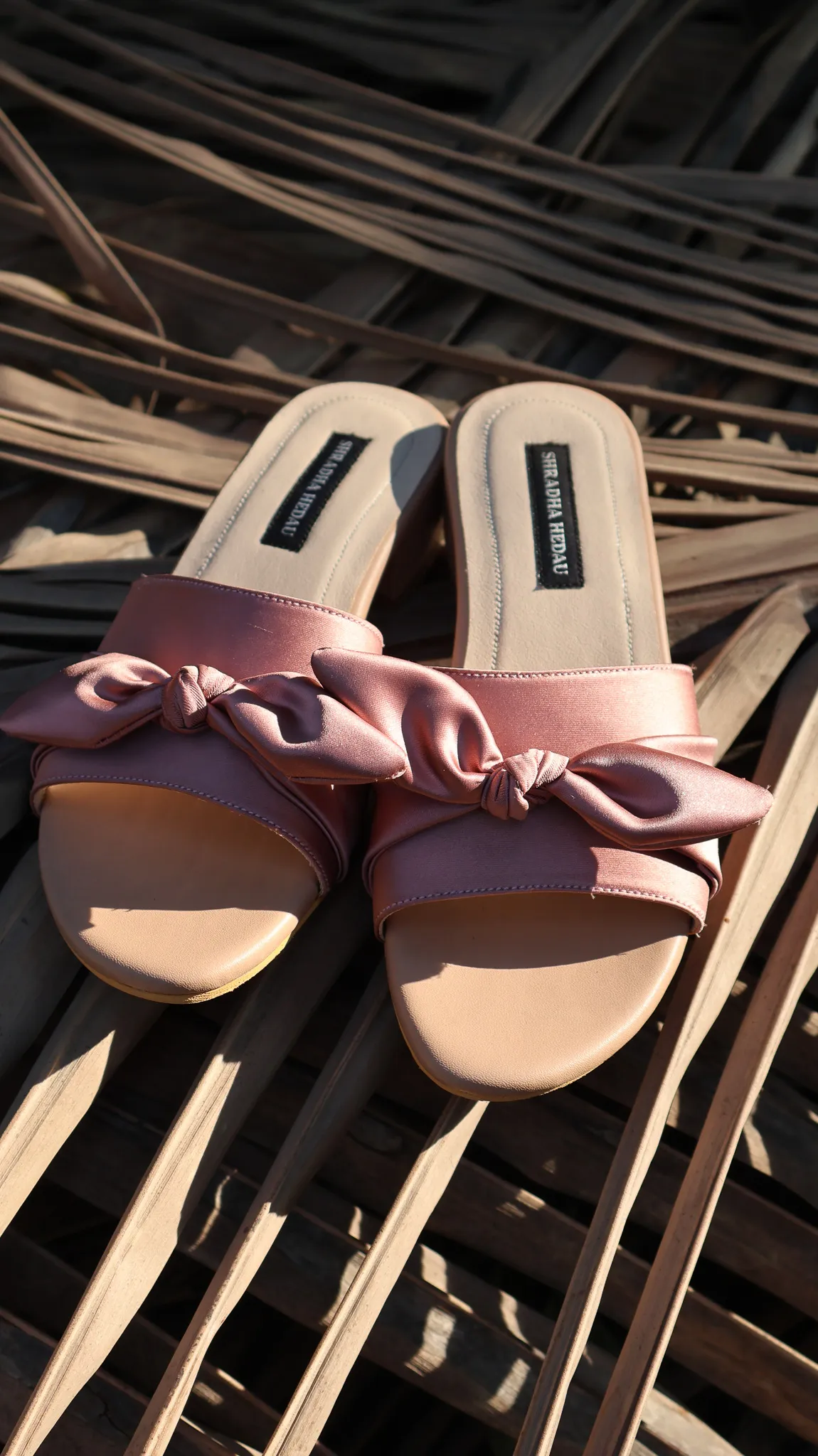 Bernadette Collection Satin Flats from Golden Muslin By Shradha Hedau in mauve and beige with bow detail