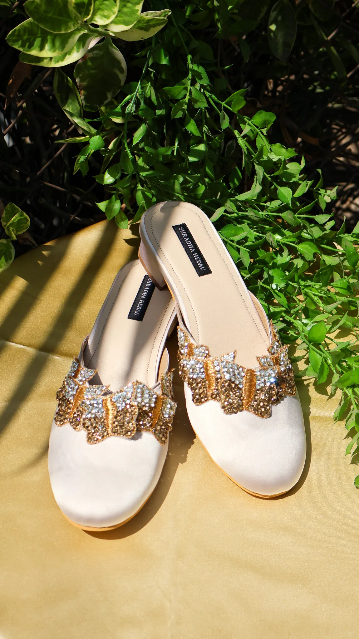 Mariposa Collection Beige Satin Heels from Golden Muslin By Shradha Hedau with embellished straps