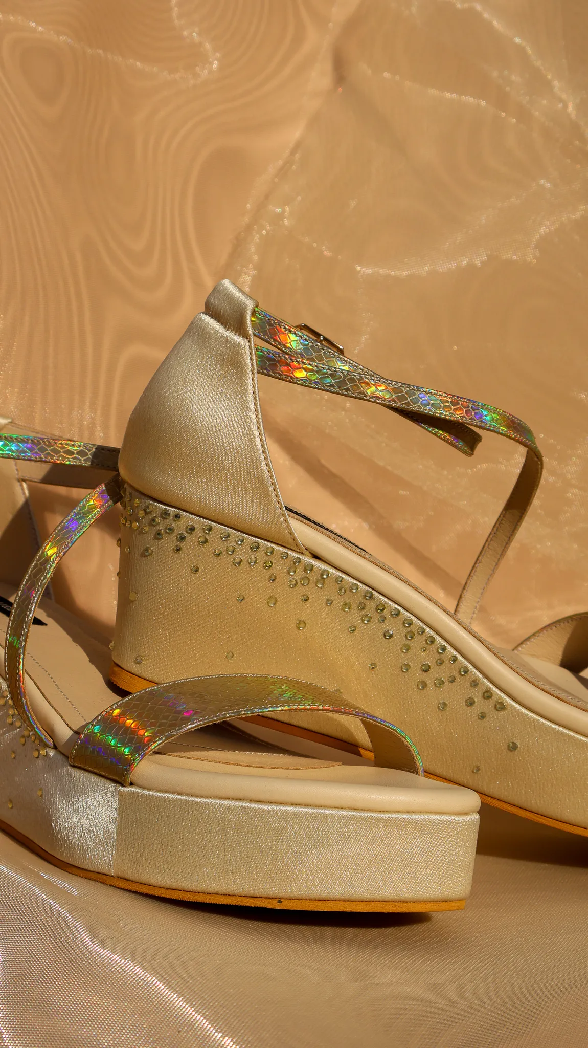 Aurea Collection Golden Wedges from Golden Muslin By Shradha Hedau in satin and snake print vegan leather