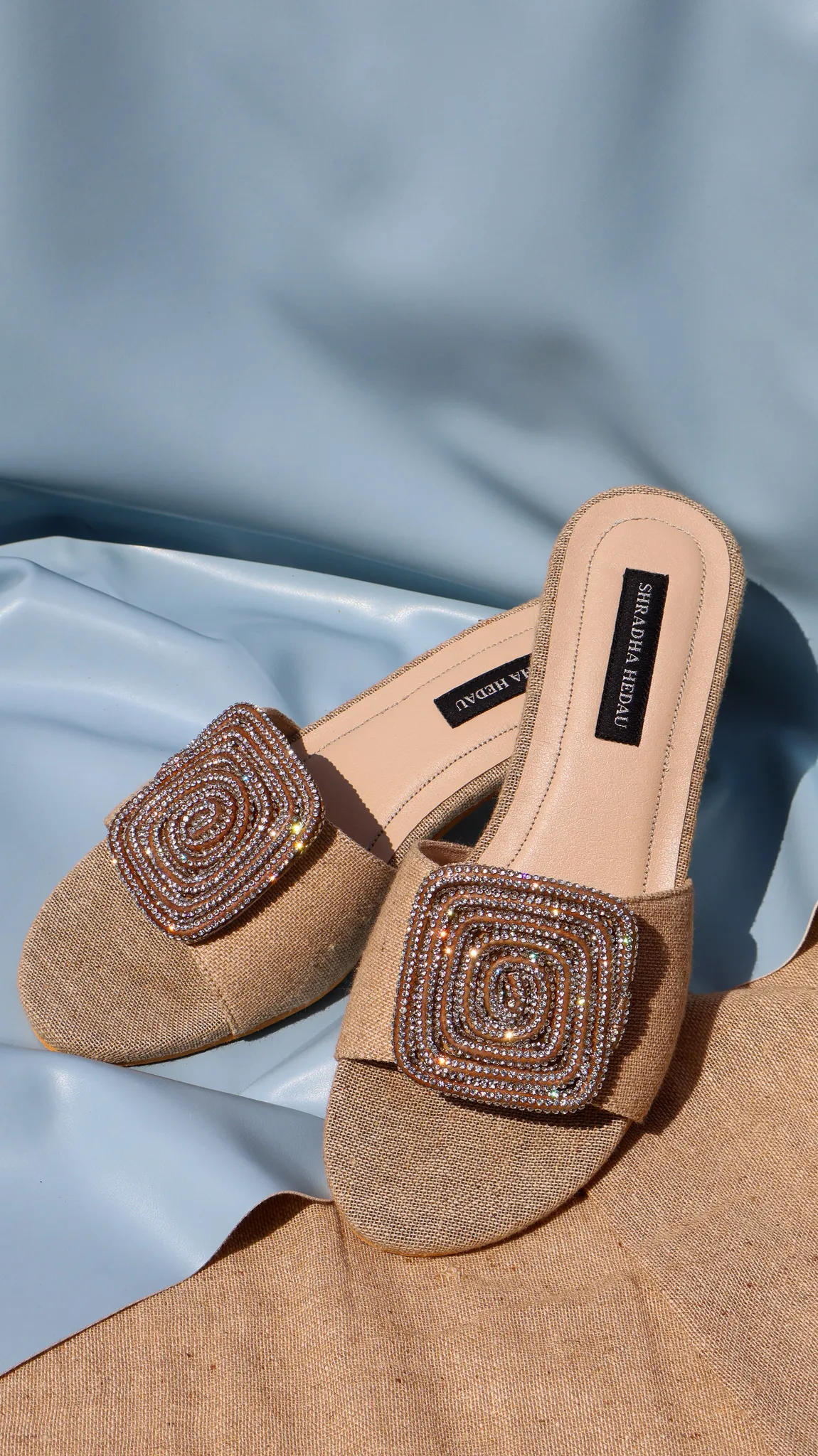 Brina Collection Jute Embellished Heels from Golden Muslin By Shradha Hedau with woven texture and bead detail