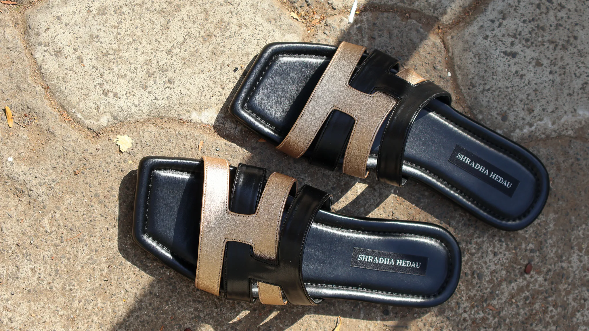 Delilah Collection Black and Gold Flats from Golden Muslin By Shradha Hedau with square toe and dual-tone straps